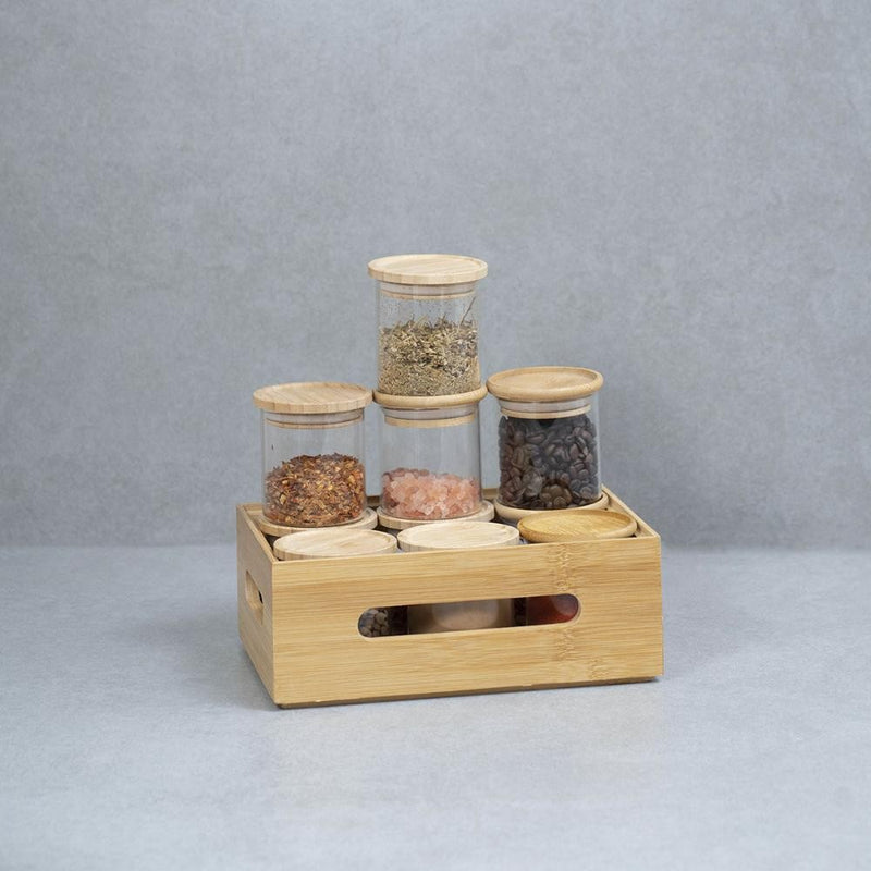 Kit Caixa de Bambu + 10 Potes de Vidro 200ml com Tampas de Bambu