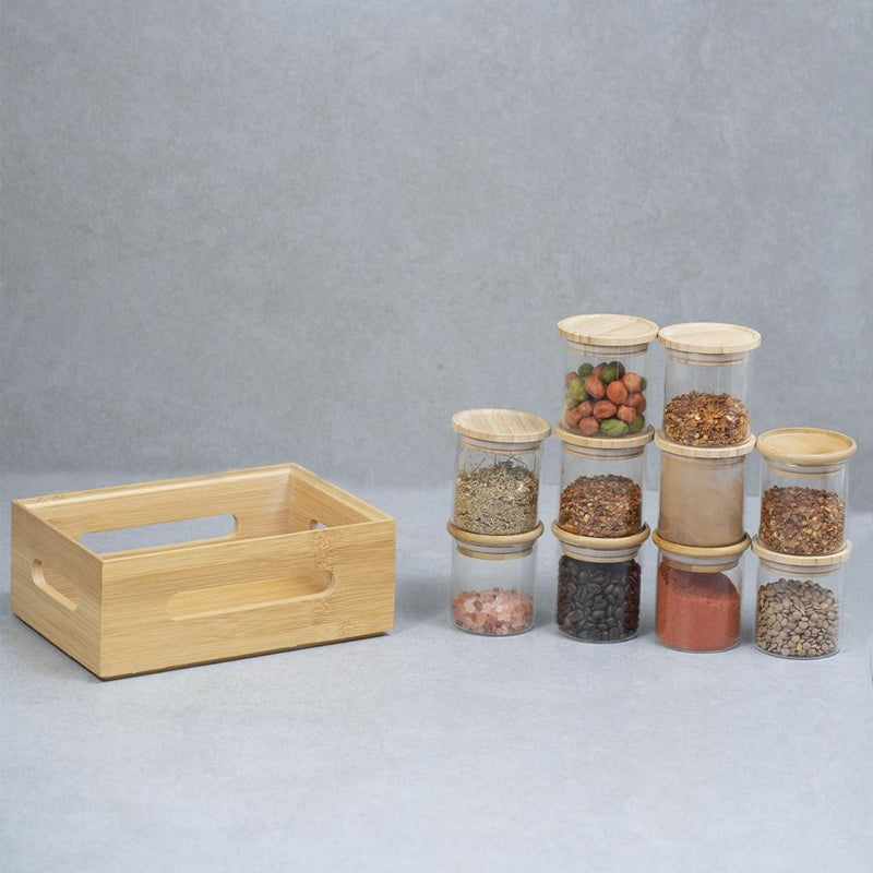 Kit Caixa de Bambu + 10 Potes de Vidro 200ml com Tampas de Bambu